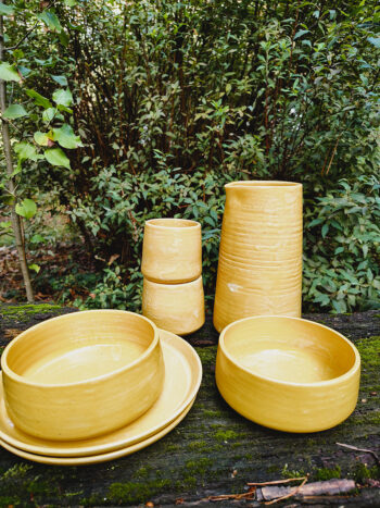 Klat Keramiek handgemaakt servies set karaf, tas, kom, bord uniek Herentals