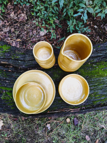 Klat Keramiek handgemaakt servies set karaf, tas, kom, bord uniek Herentals